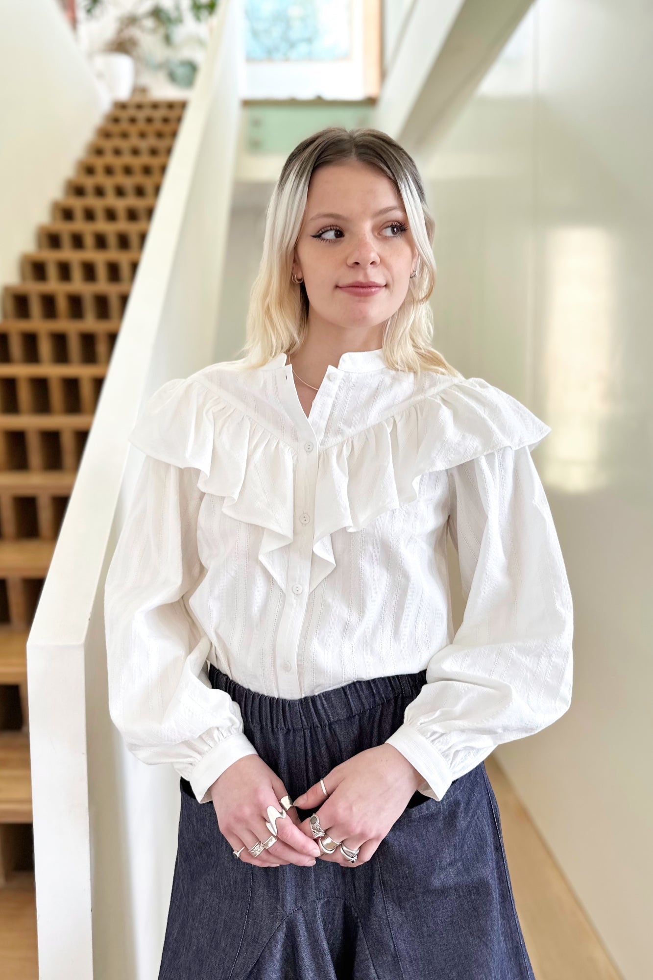Ruffle Blouse in White by Indilisi