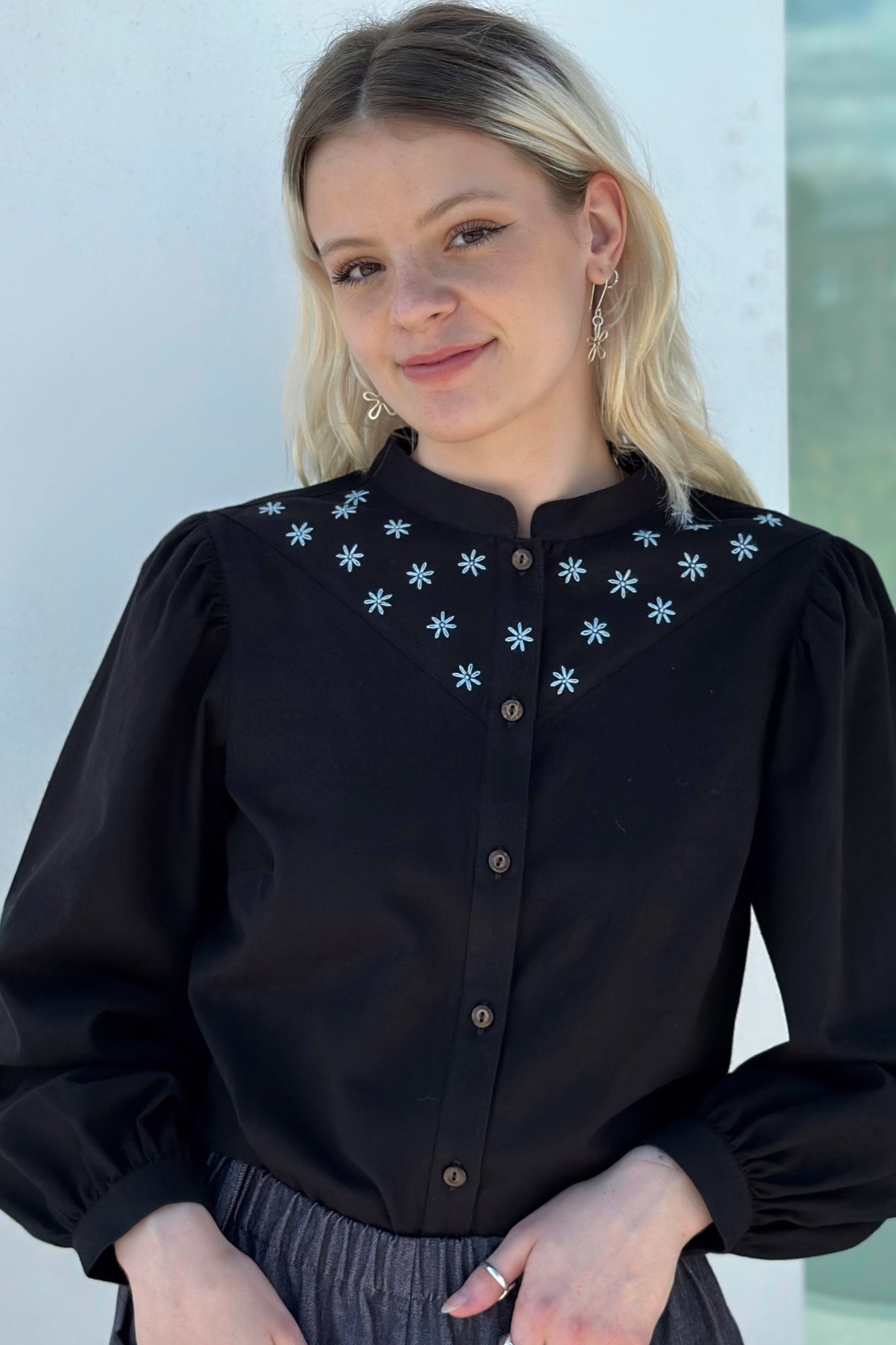 Beth Embroidered Blouse in Black Twill by Indilisi