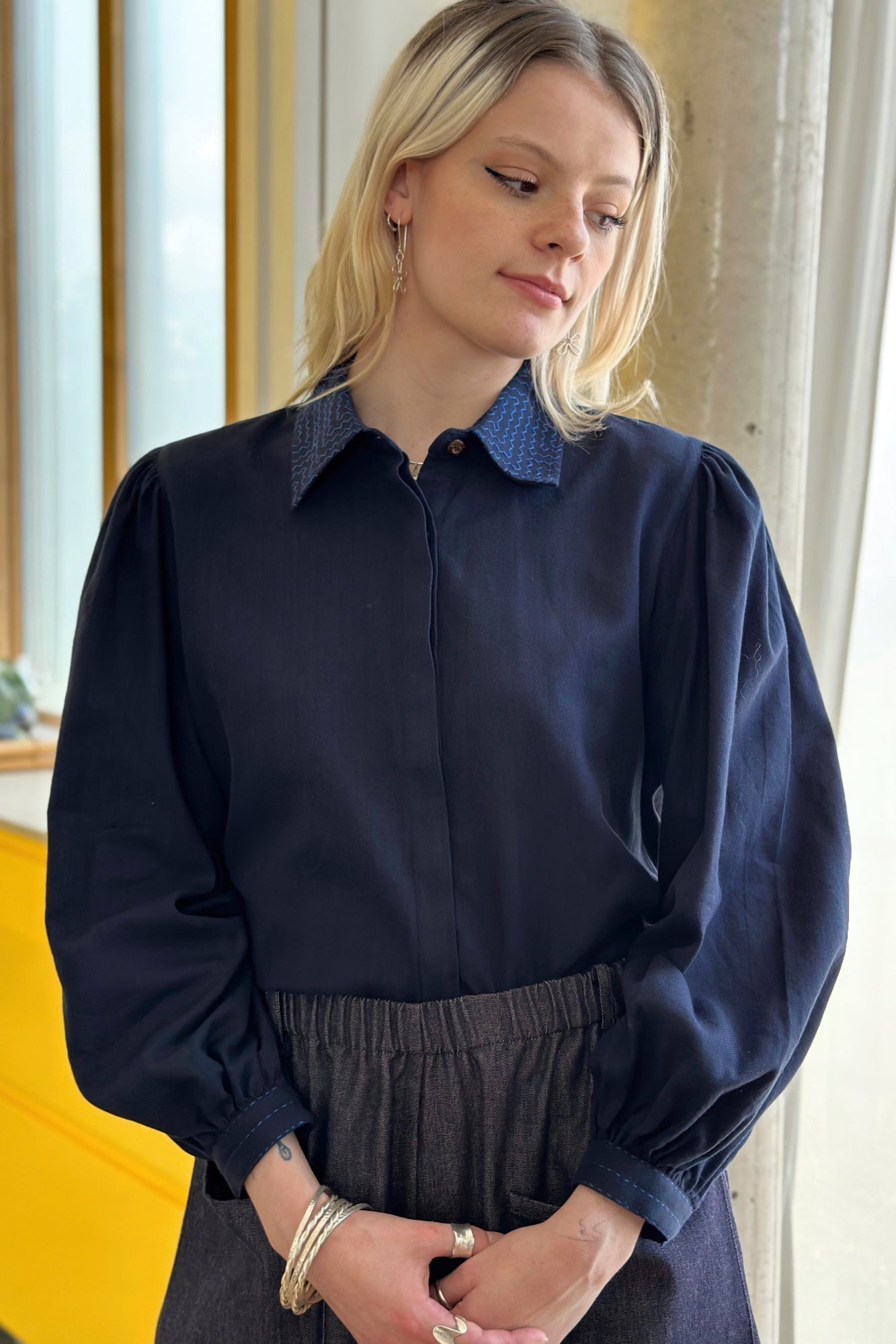 Effie Puff Sleeve Blouse in Navy by Indilisi