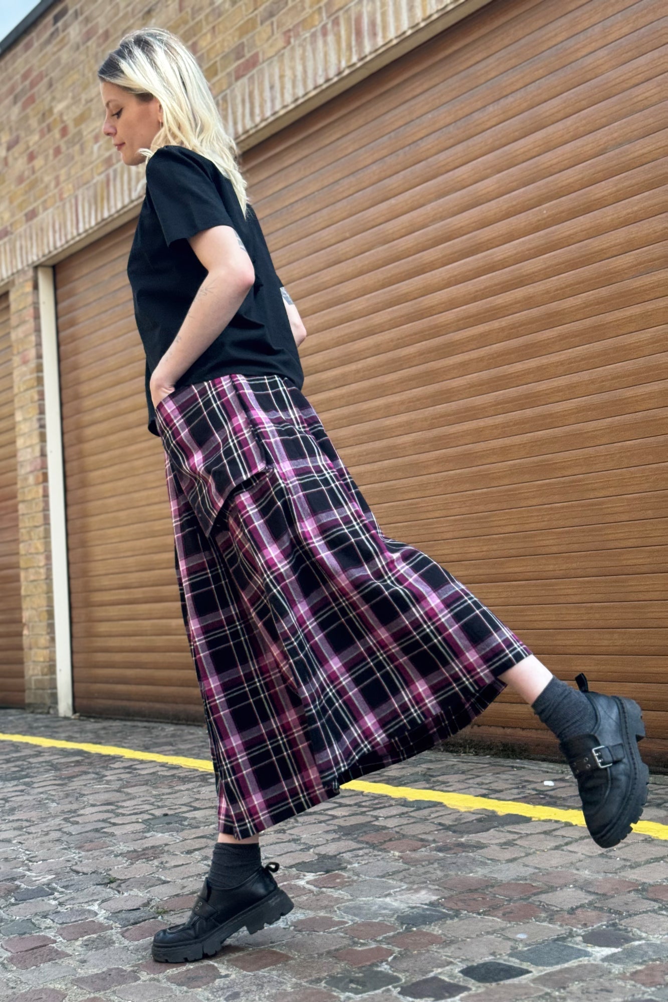 Ruth Check Midi Skirt in Berry & Black by Indilisi