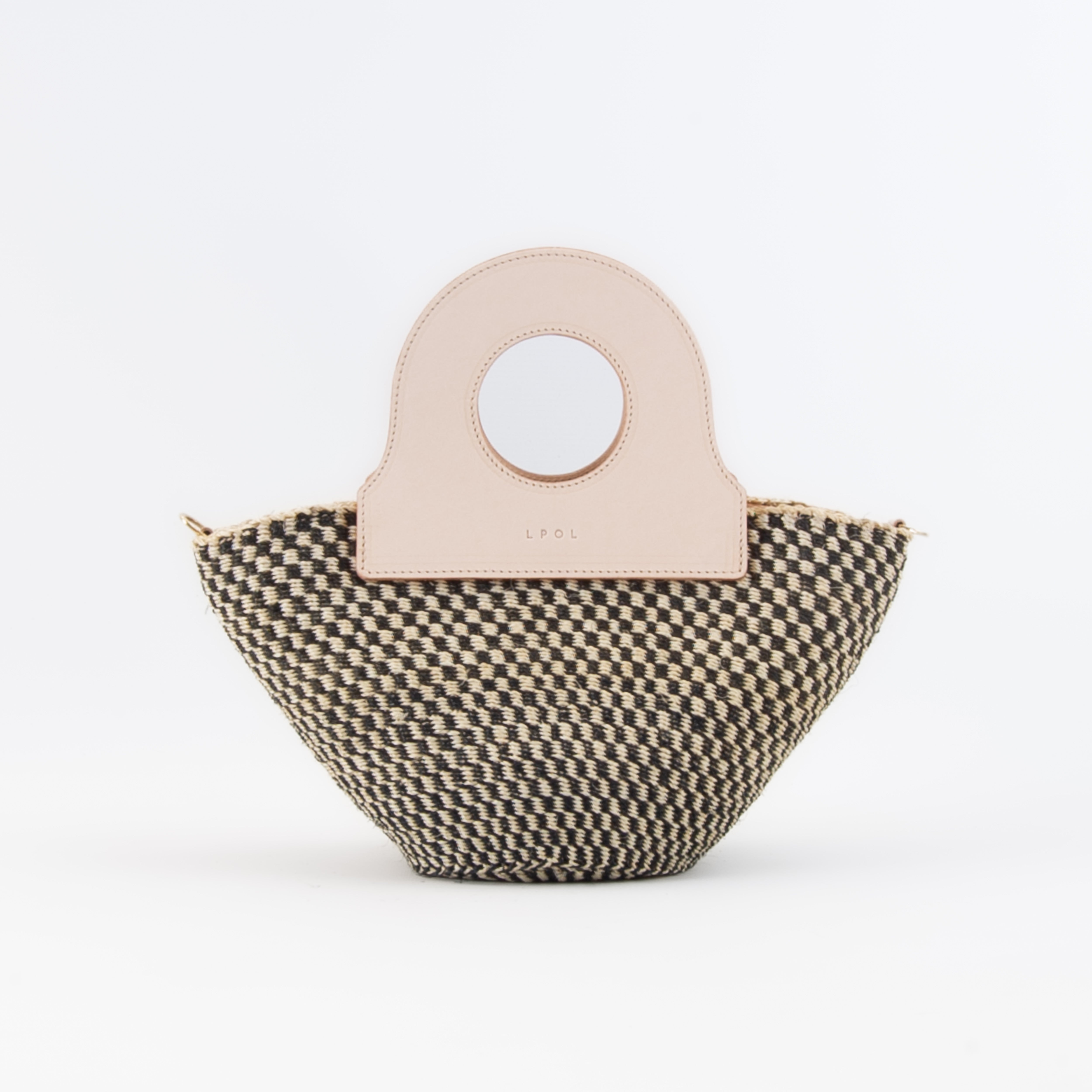Basket bag in natural tones with black squiggle detail, upcycled leather basket bag