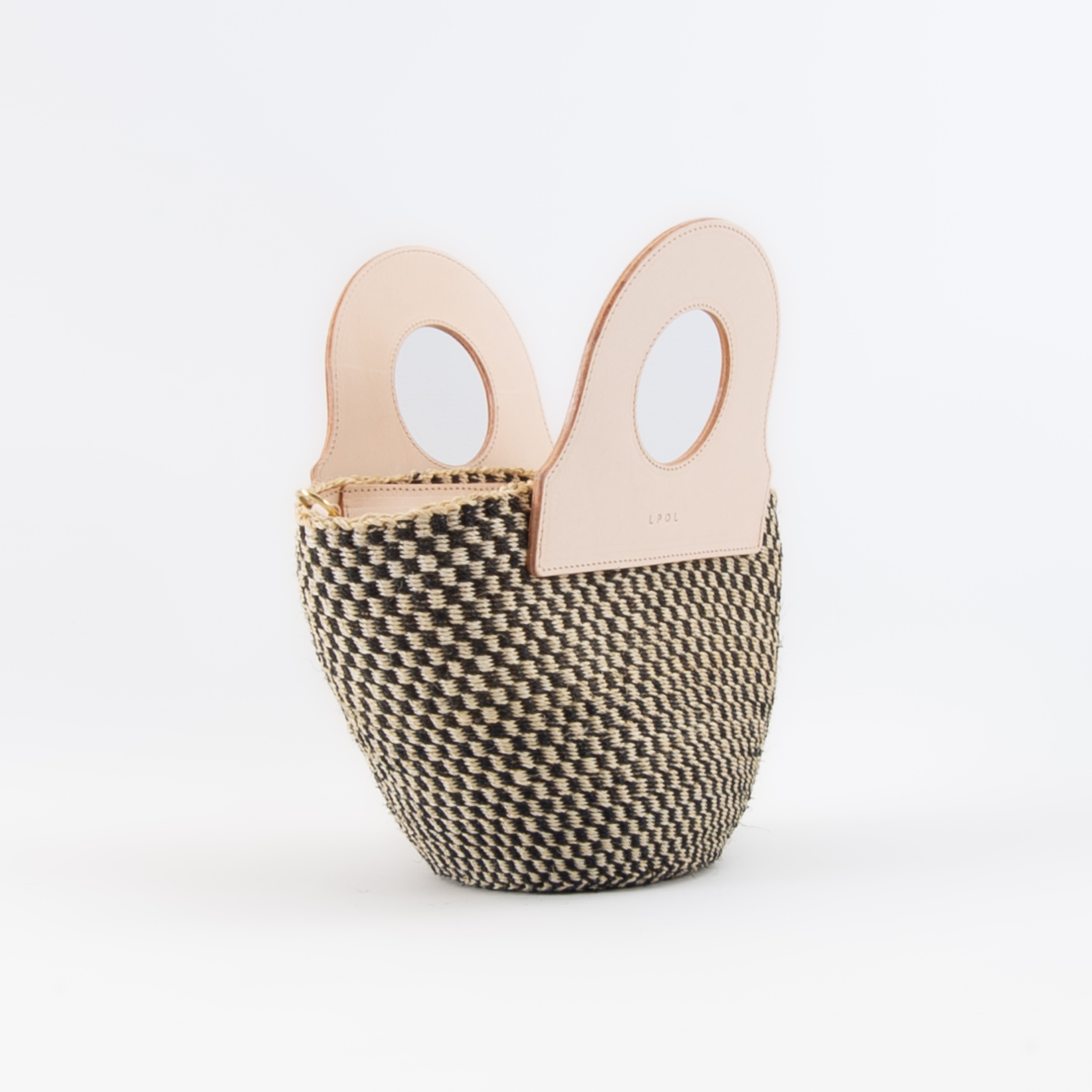 Handheld natural basket bag with sturdy handles, upcycled leather bag