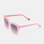 Three-quarter view of pink sunglasses emphasizing the vibrant frame color.