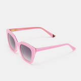 Three-quarter view of pink sunglasses emphasizing the vibrant frame color.