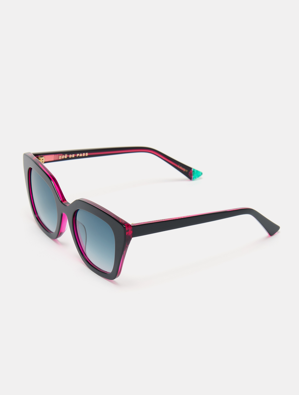 Three-quarter view of black sunglasses with coloured lenses and glossy finish.