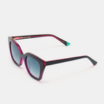 Three-quarter view of black sunglasses with coloured lenses and glossy finish.