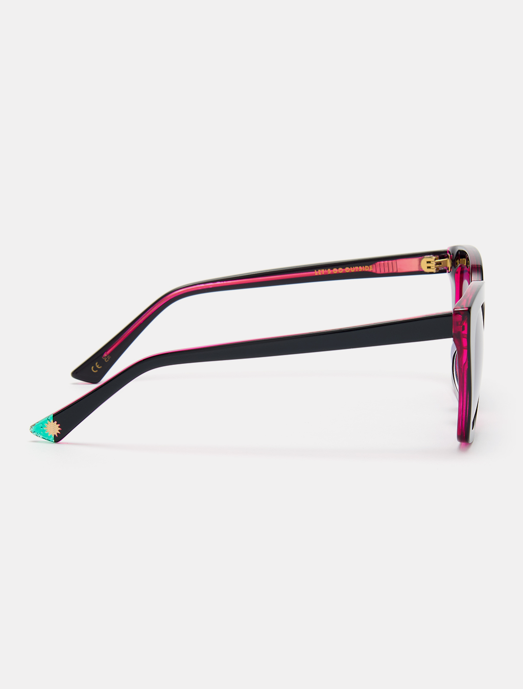 Side view of colourful black sunglasses showing detailed lens colors.