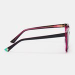 Side view of colourful black sunglasses showing detailed lens colors.