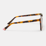 Side view of tortoiseshell sunglasses showcasing distinctive shell pattern.