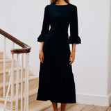 Victoria Round Neck Corduroy Midi Dress in Black