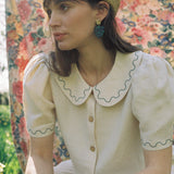 Frances Embroidered Linen Cropped Blouse in Natural