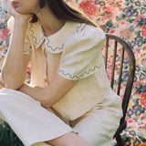 Frances Embroidered Linen Cropped Blouse in Natural