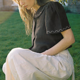 Frances Embroidered Linen Cropped Blouse in Chocolate