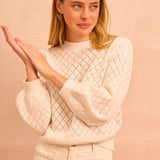 Pointelle Puff Shoulder Crew Neck Jumper in Ivory