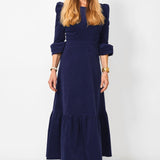 Victoria Round Neck Corduroy Midi Dress in Navy