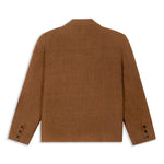 Model styling the cinnamon blazer with rolled sleeves, single breasted tan blazer in linen wool, versatile autumn wool blazer for smart casual outfits