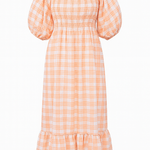Orange and white checkered dress with puff sleeves on a white background