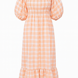 Orange and white checkered dress with puff sleeves on a white background