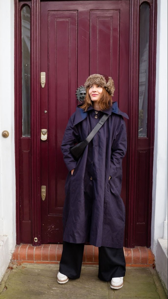 Waxed Cotton Asymmetric Raincoat in Navy by Lora Gene