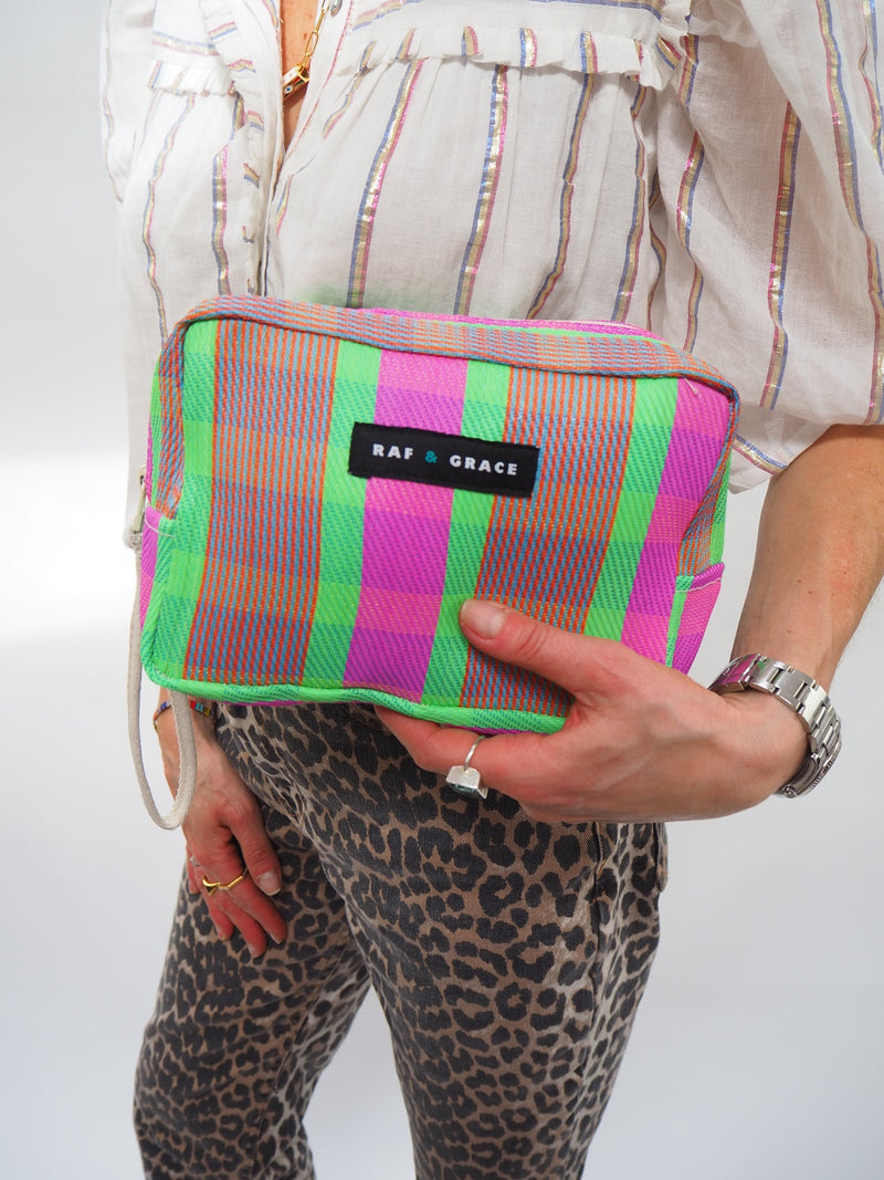 Bright Pink & Green Stripe Recycled Plastic Wash Bag by Raf and Grace