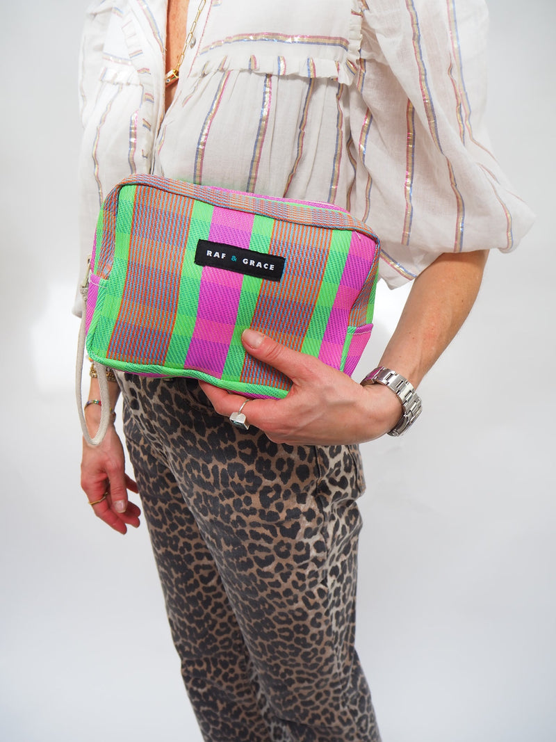 Bright Pink & Green Stripe Recycled Plastic Wash Bag by Raf and Grace
