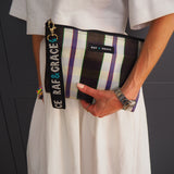 Recycled Plastic Small Pouch in White, Black & Navy Stripe