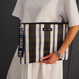 Recycled Plastic Large Pouch in White, Black & Navy Stripe