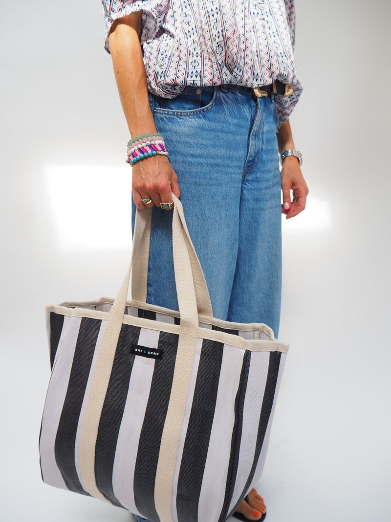 Large Recycled Plastic Black and Cream Stripe Shopper by Raf and Grace