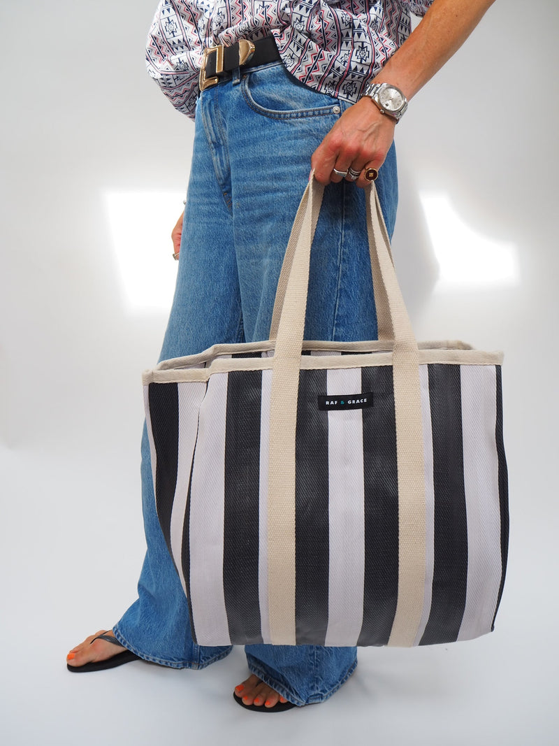 Large Recycled Plastic Black and White Stripe Shopper