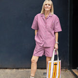 Frances Cuban Shirt in Berry Red Stripe Cotton