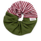 Patchwork Scrunchie in Rich Green and Berry Red Stripe