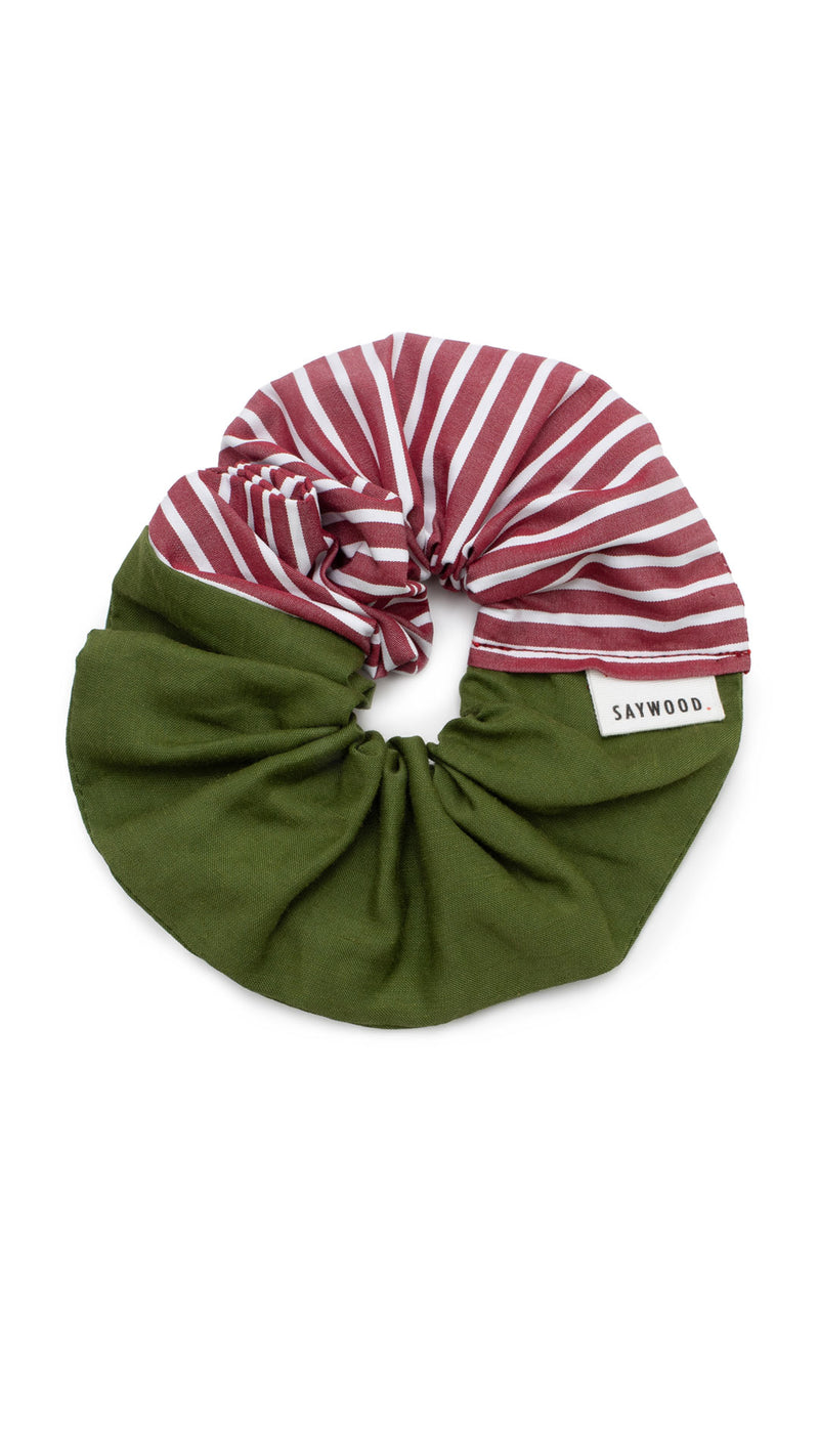 Patchwork Scrunchie in Rich Green and Berry Red Stripe by Saywood