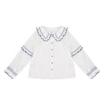 Phoebe Blouse in Ecru and Indigo Trim - seventy + mochi