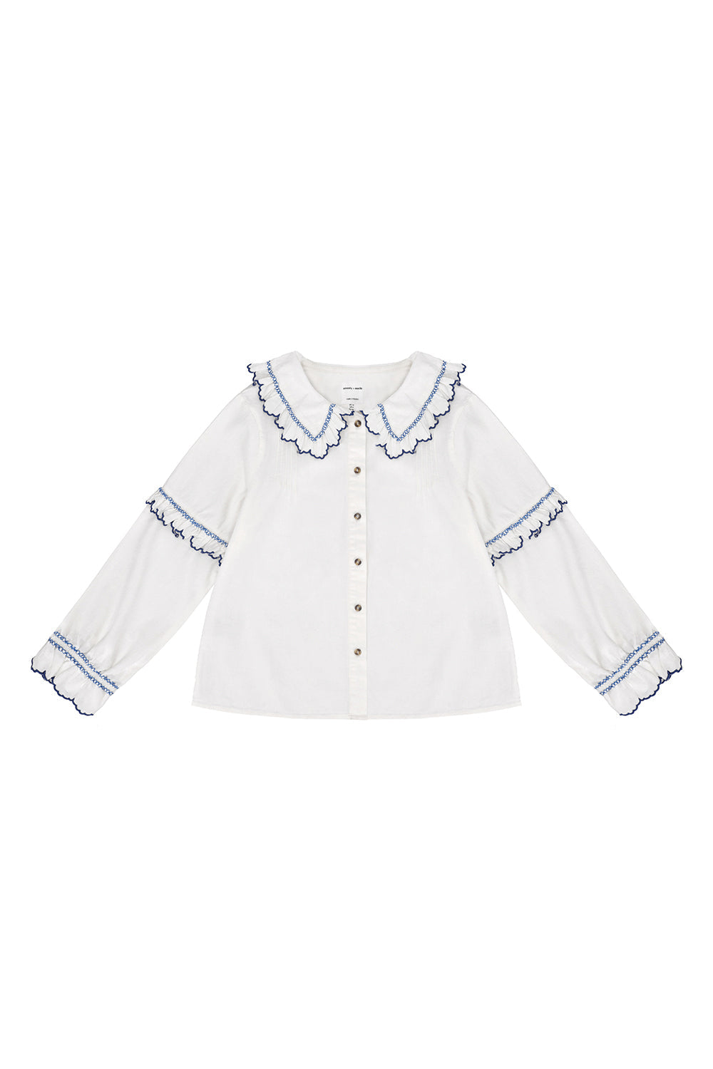 Phoebe Blouse in Ecru and Indigo Trim - seventy + mochi
