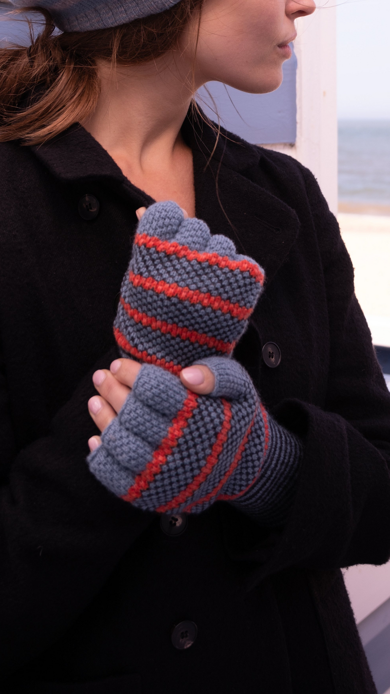 Tuck Stitch Fingerless Gloves In Aqua And Flame