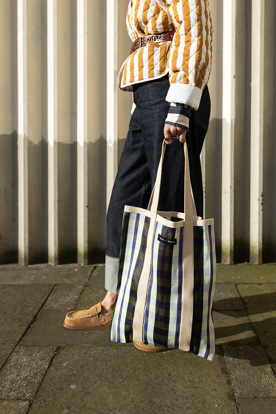 Recycled Plastic Black, White and Navy Stripe Tote Bag