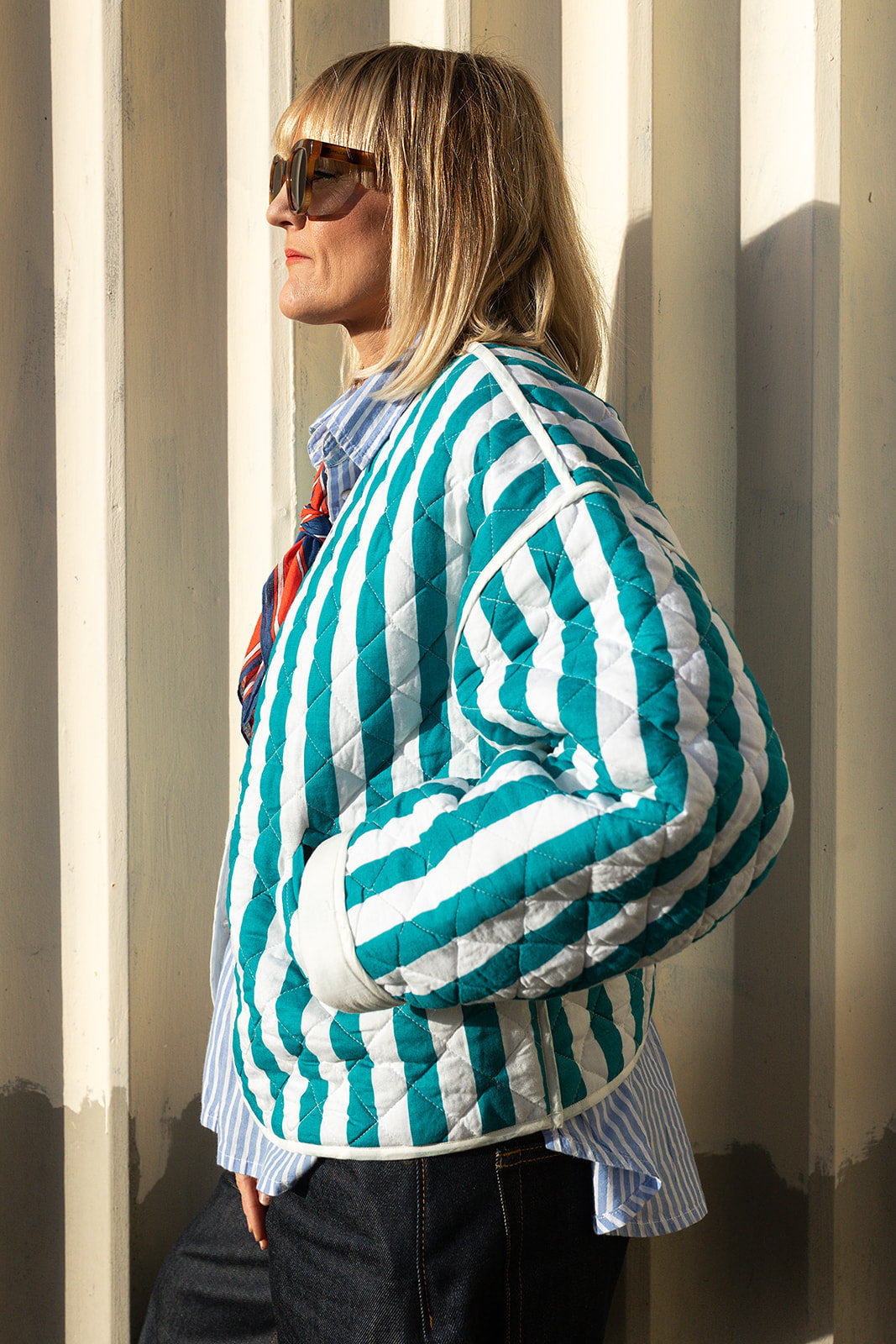 Jasmine Blue Striped Cotton Quilted Jacket