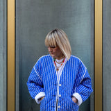 Jasmine Bright Blue Striped Cotton Quilted Jacket