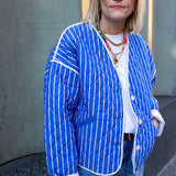 Jasmine Bright Blue Striped Cotton Quilted Jacket