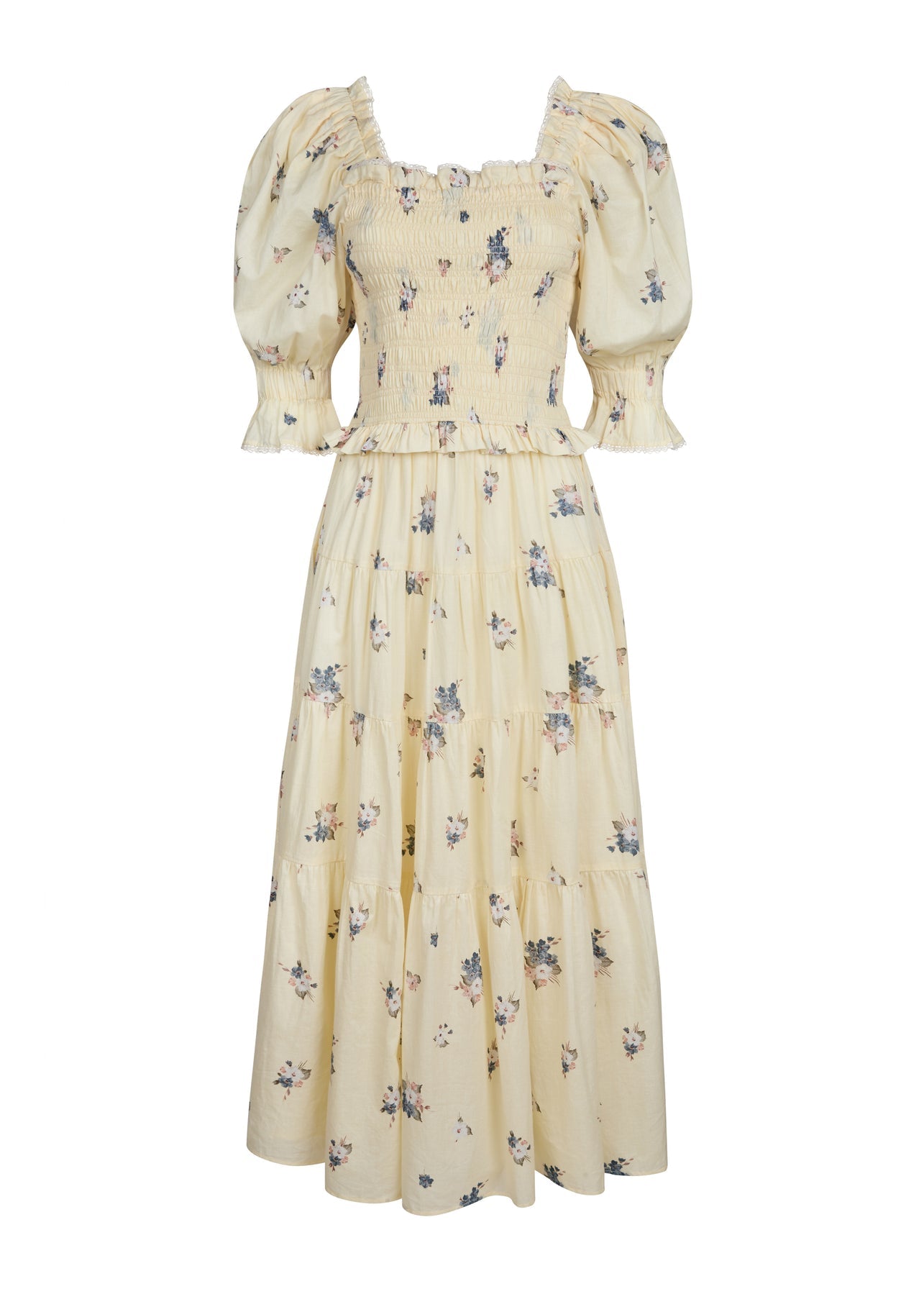 cream oversized multi floral puff sleeve prairie style shirred bodice organic cotton midi dress cutout