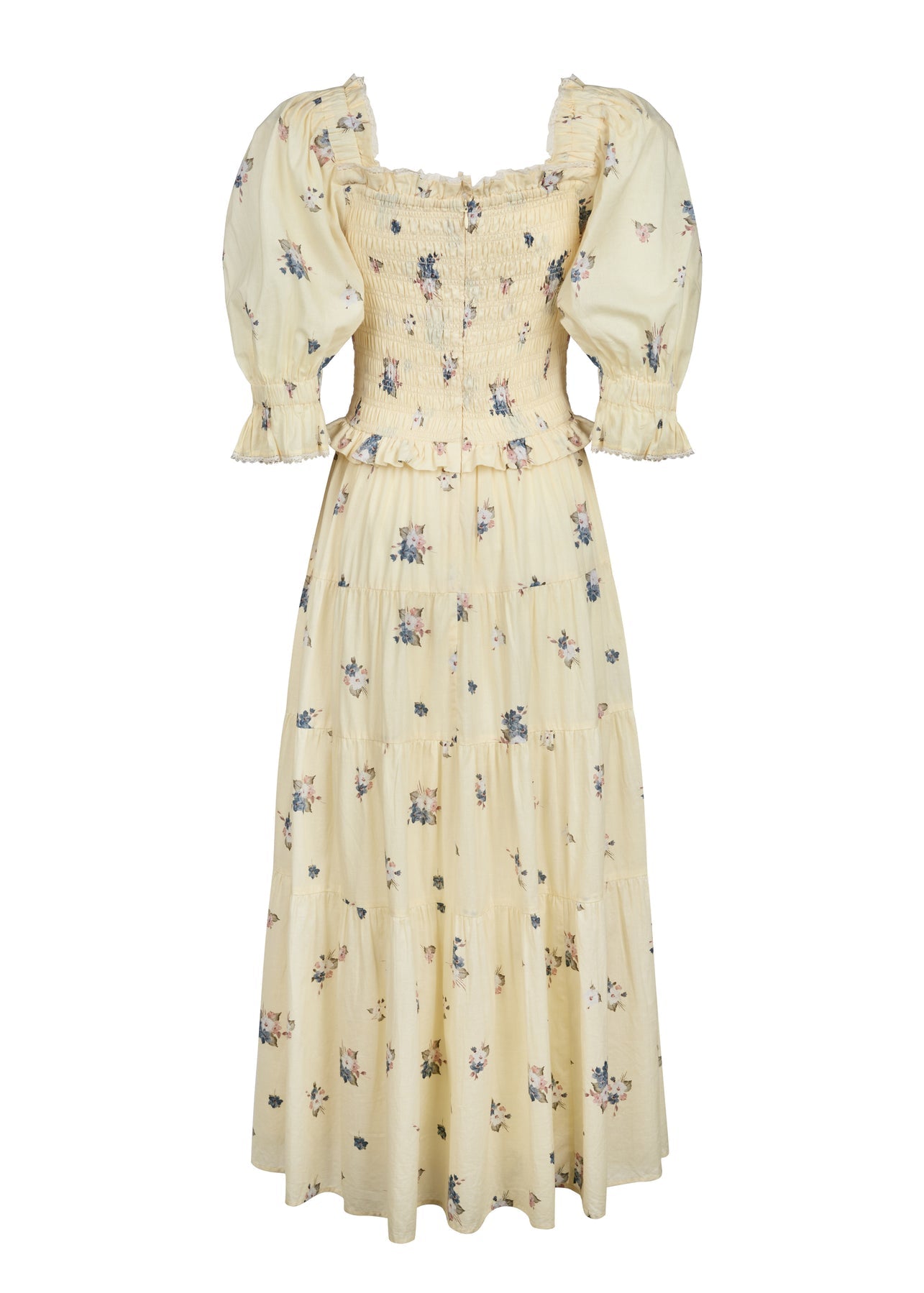 cream oversized multi floral puff sleeve prairie style shirred bodice organic cotton midi dress back cutout