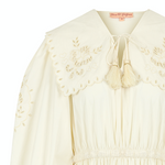 Product display of a tiered maxi skirt summer dress with embroidery and an oversized collar, shown flat against a neutral background.