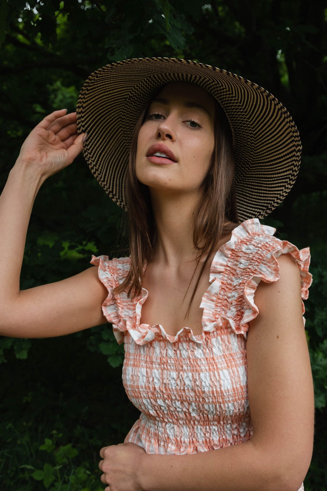 Lightweight cotton maxi summer dress with square neckline, shirred bodice, and delicate ruffle straps.