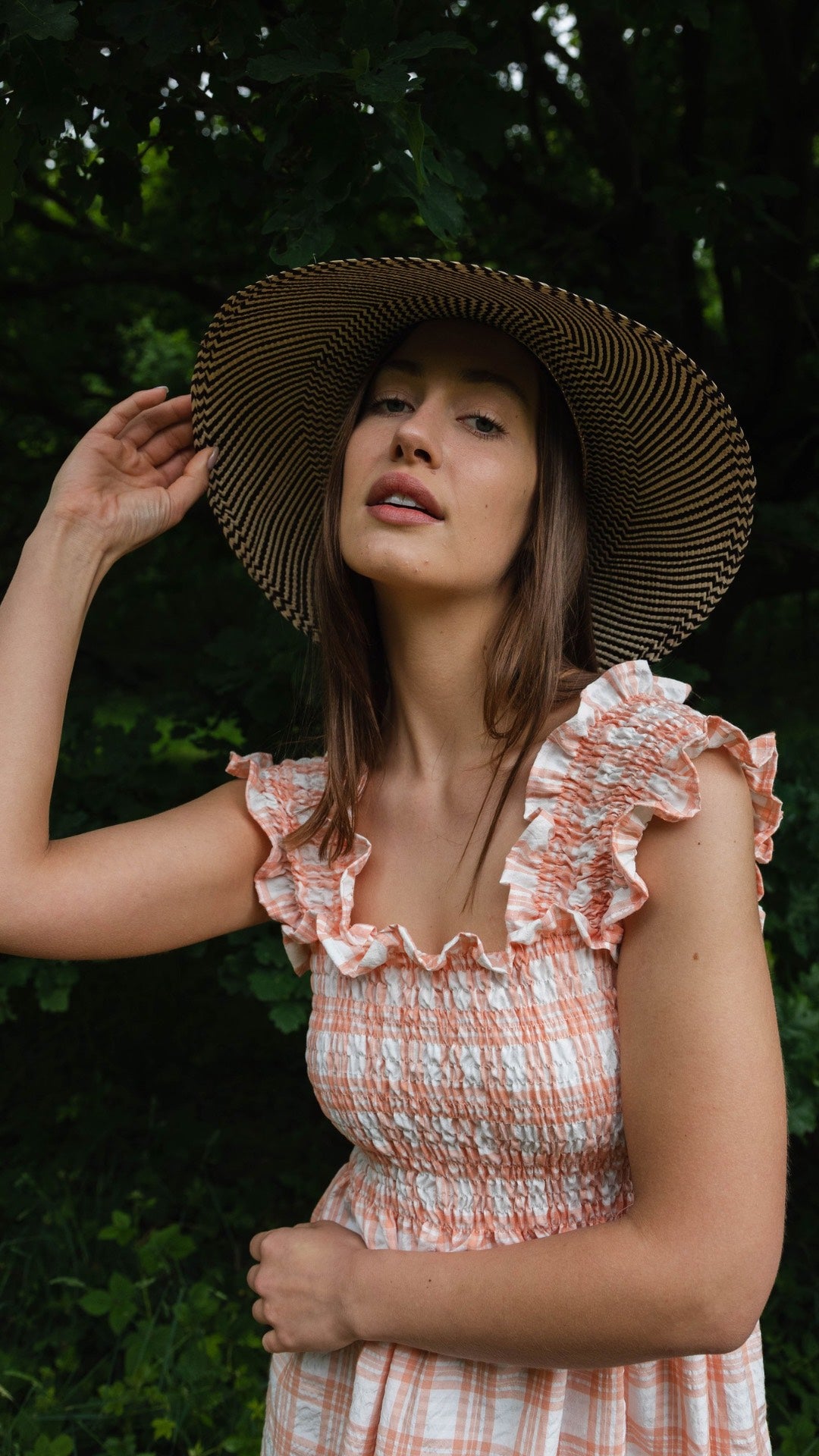 Lightweight cotton maxi summer dress with square neckline, shirred bodice, and delicate ruffle straps.