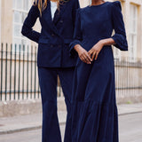 Victoria Round Neck Corduroy Midi Dress in Navy
