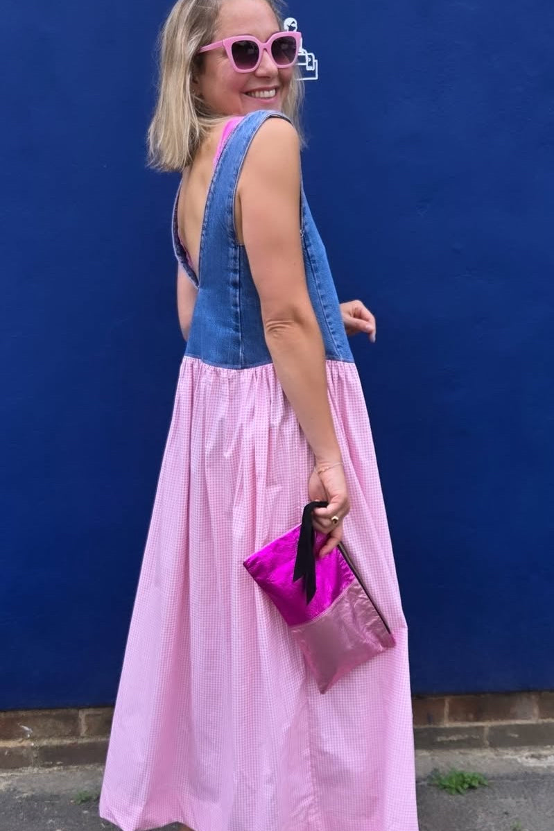 Low back denim bodice with full length pink gingham skirt