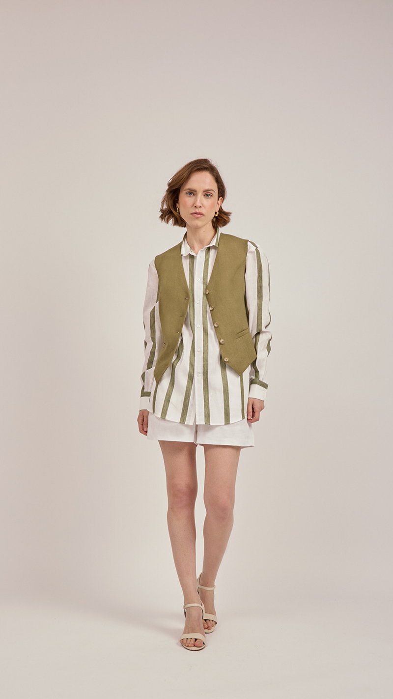 Tailored Waistcoat in Khaki Linen by Anna James