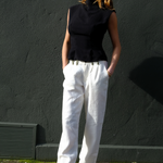pure linen trousers in white, worn in London