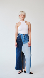 High Waisted Upcycled Patchwork Denim Long Skirt with Slit By Fanfare