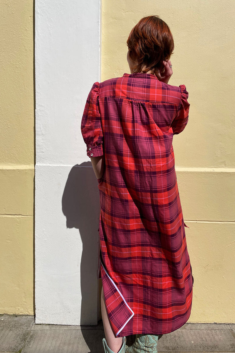 Rosa Puff Sleeve Shirtdress, Pink Coral Tartan Check